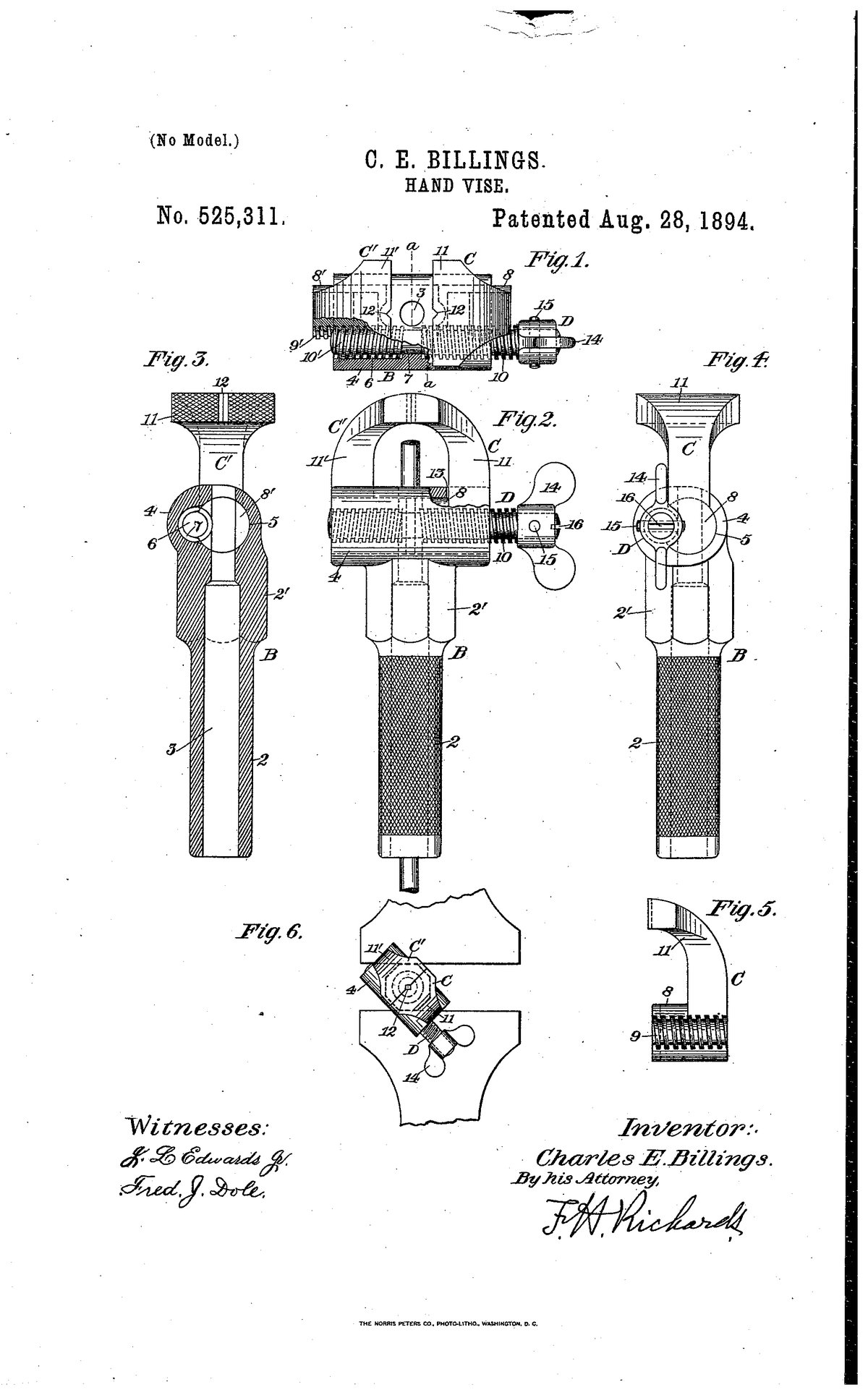 Патент США 525,311 — C. E. Billings — Hand Vise