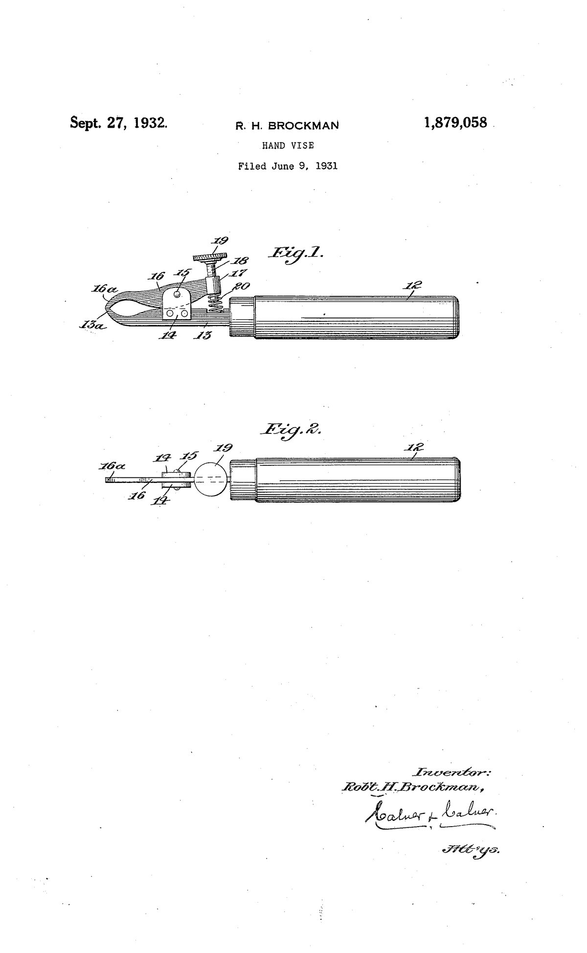 Патент США 1,879,058 — Robert H. Brockman — Hand vise