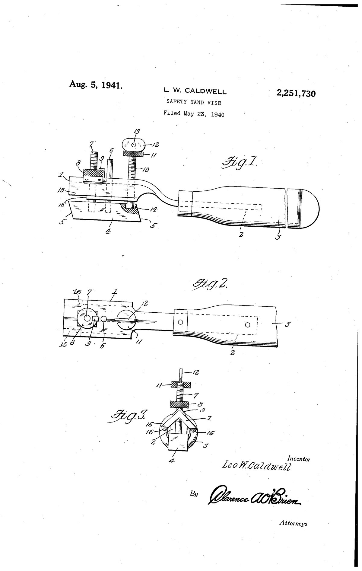 Патент США 2,251,730 — Leo W. Caldwell — Safety hand vise