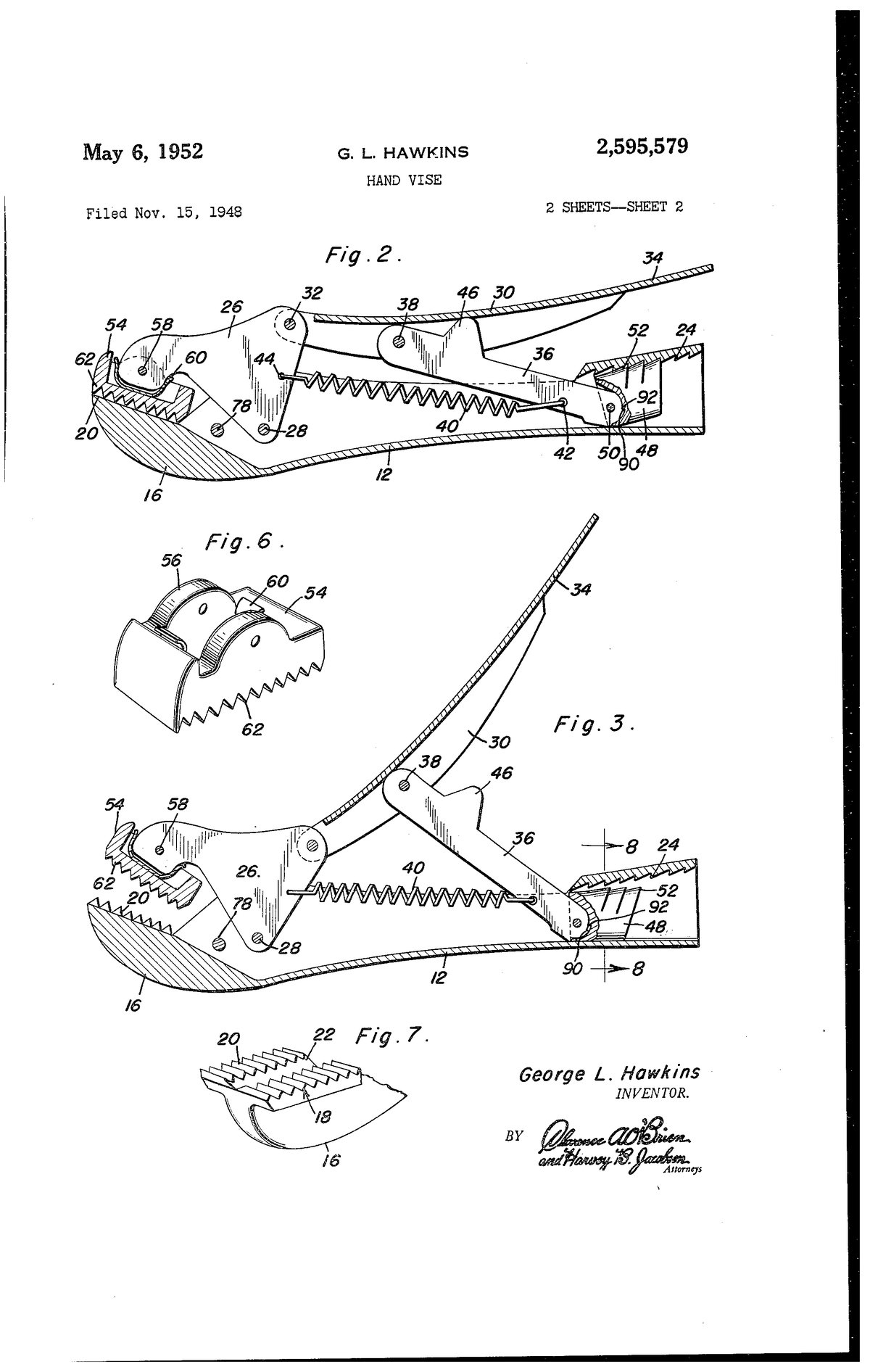 Патент США 2,595,579 — George L. Hawkins — Hand vise