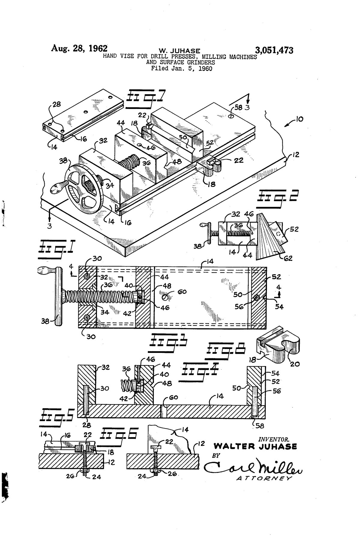 Патент США 3,051,473 — Walter Juhase — Hand vise for drill presses, milling machines and the like