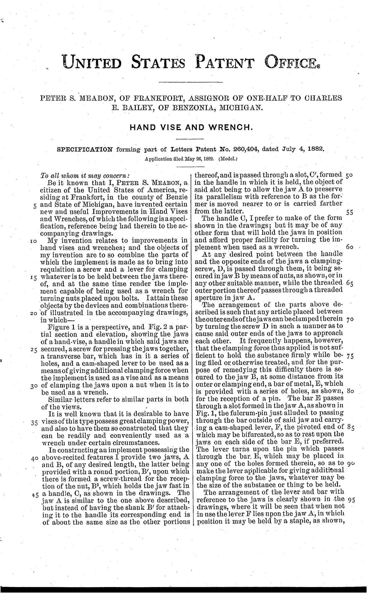 Патент США 260,404 — P. S. Meabon — Hand Vise and Wrench