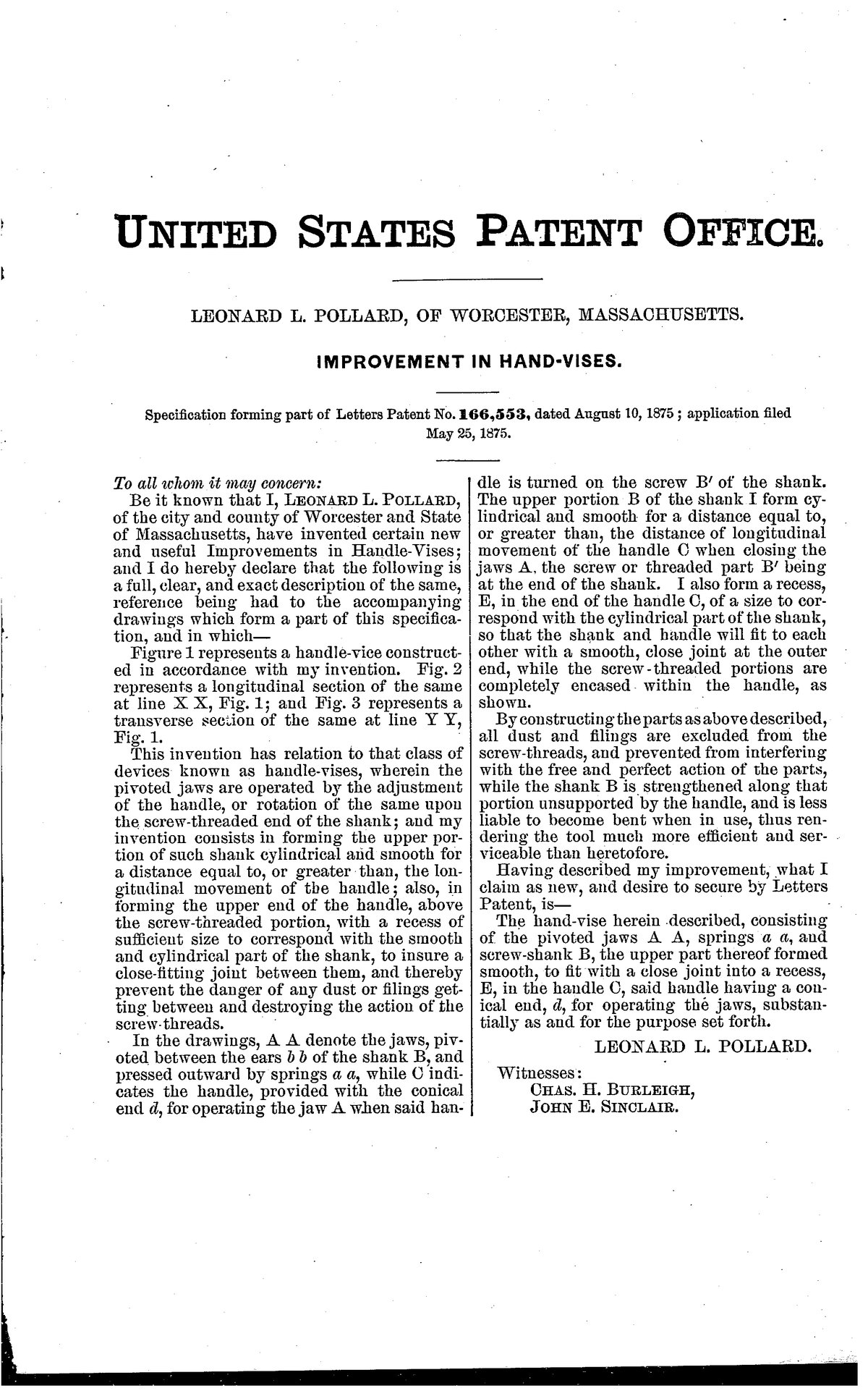 Патент США 166,553 — L. L. Pollard — Improvement in Hand Vises