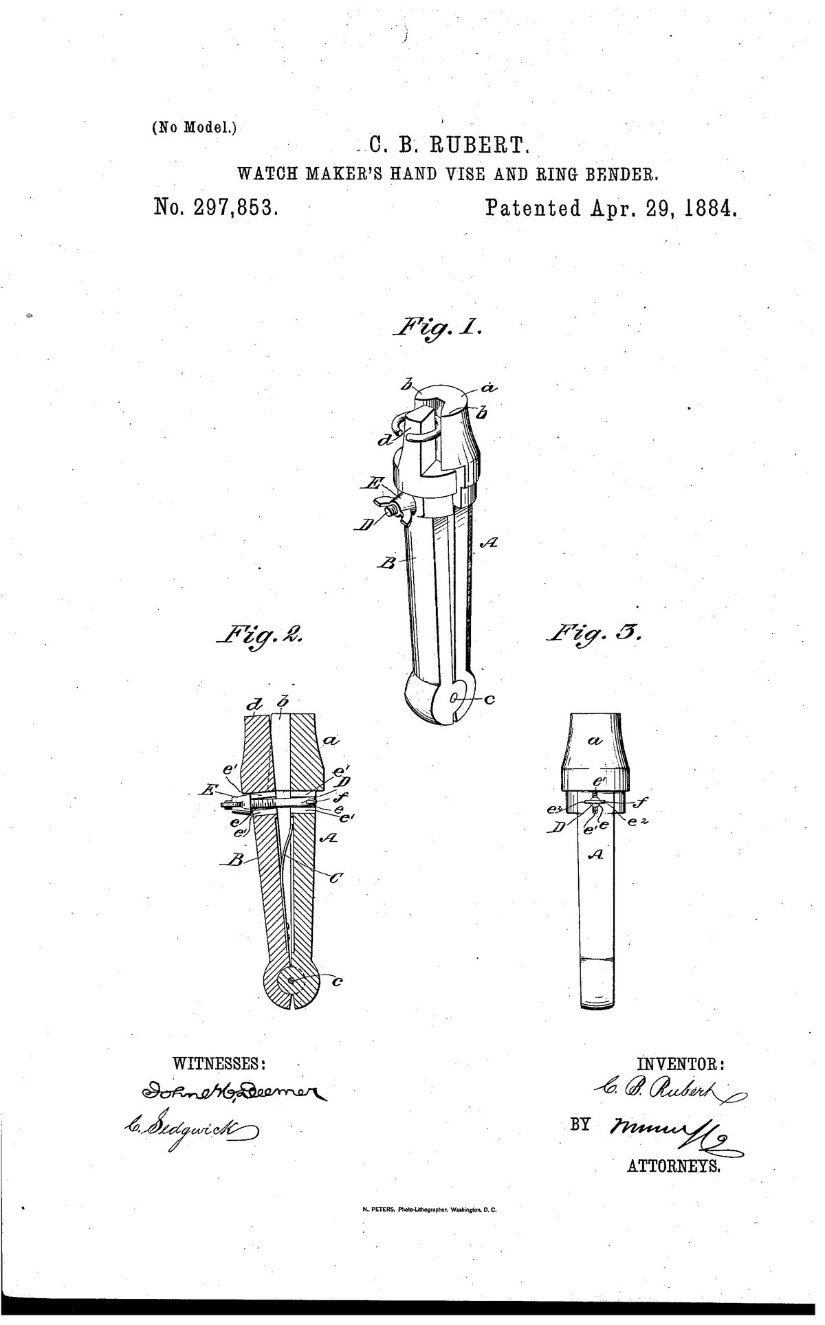 Патент США 297,853 — C. B. Rubert — Watch Maker’s Hand Vise and Ring Bender