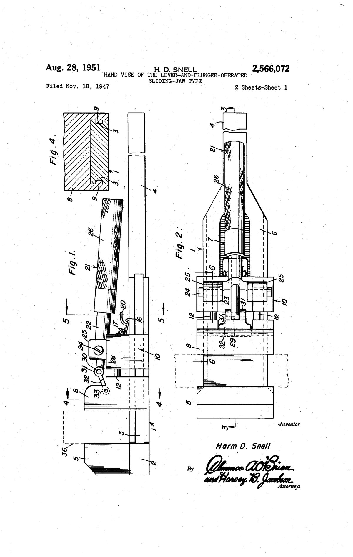 Патент США 2,566,072 — Harm D. Snell — Hand vise of the lever-and-plunger-operated sliding type