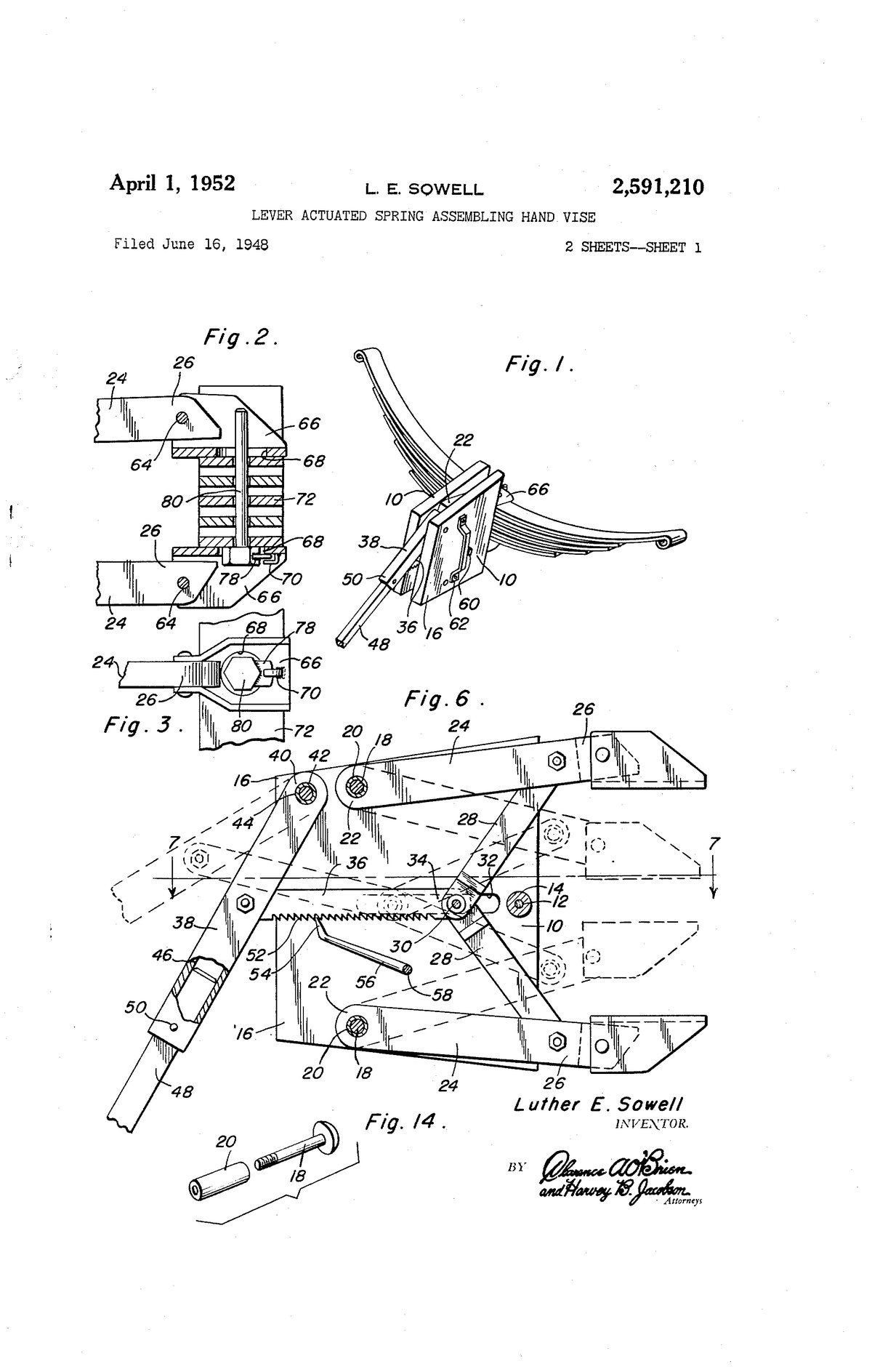 Патент США 2,591,210 — Luther E. Sowell — Lever actuated spring assembling hand vise