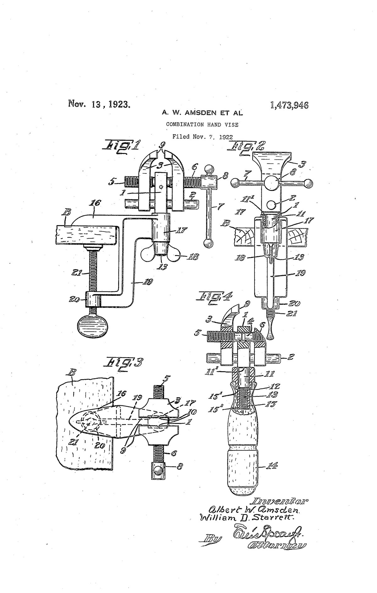 Патент США 1,473,946 — W. D. Starrett и A. W. Amsden — Combination hand vise