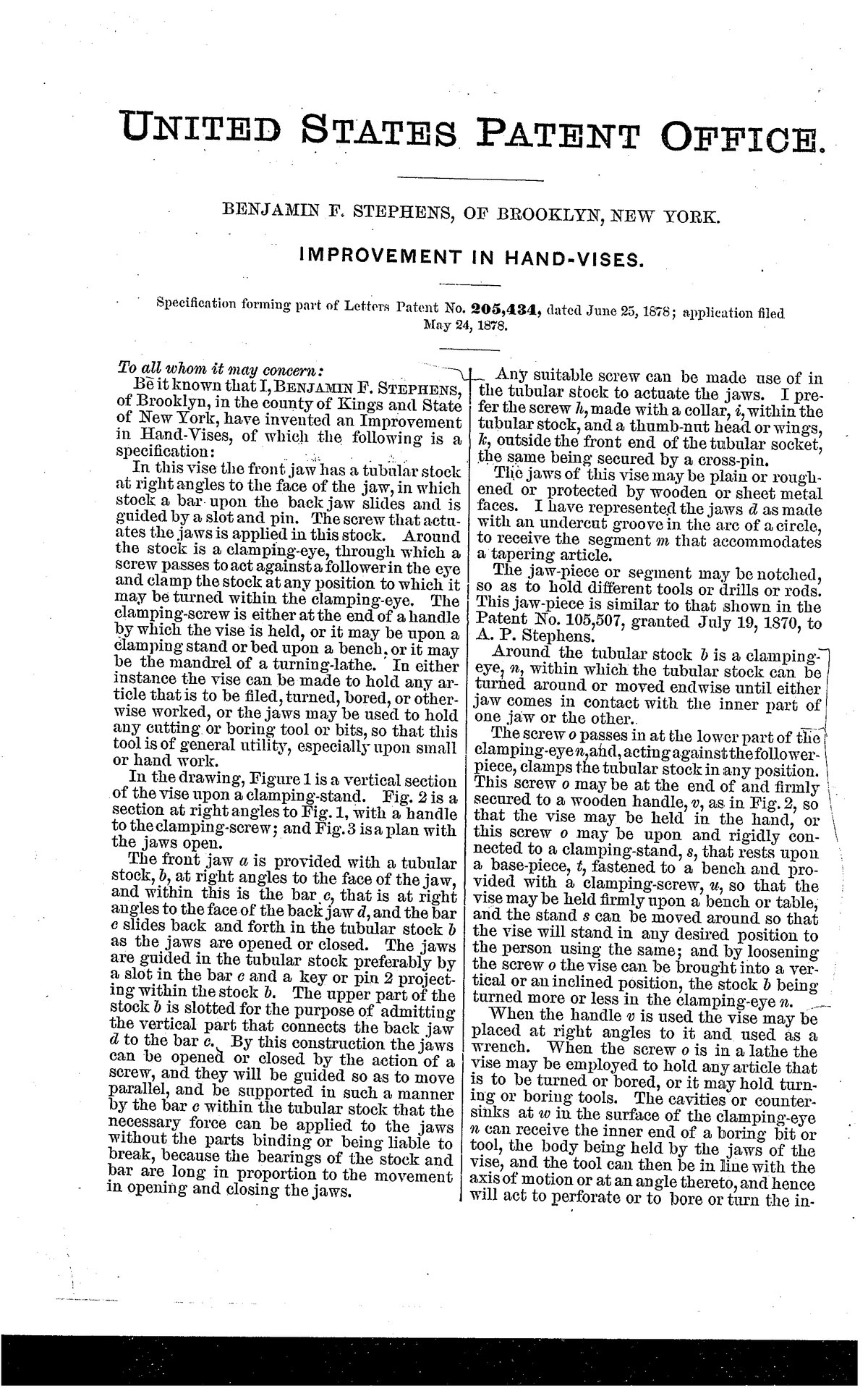 Патент США 205,434 — B. F. Stephens — Hand Vise